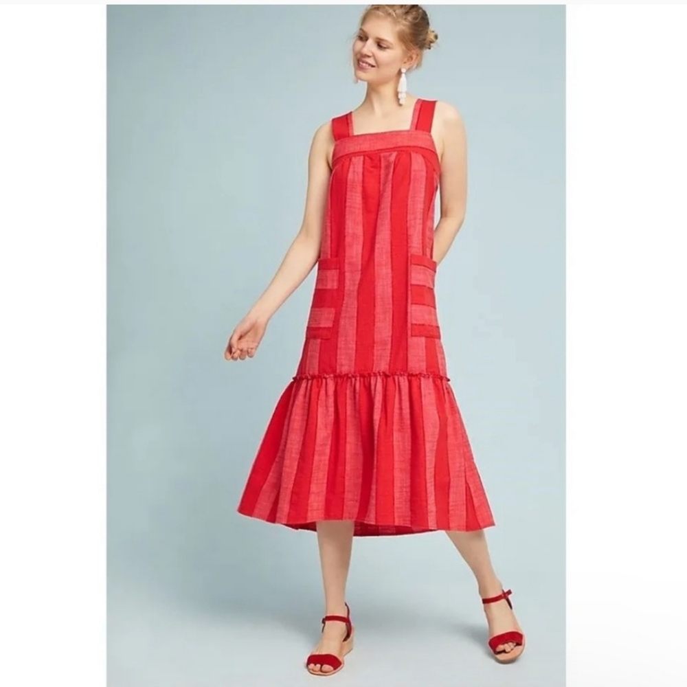 Anthropologie Maeve Red Stripe Tonal Tank Square Neck Midi Dress Patch Pockets